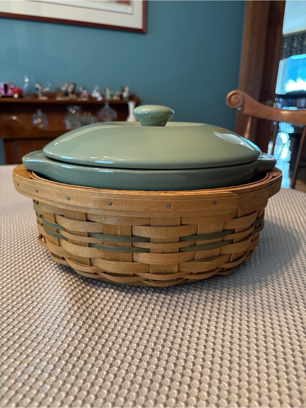 Longaberger lidded ceramic casserole dish with serving basket